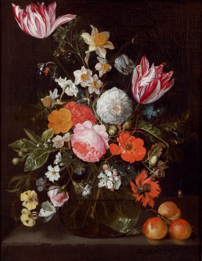 Flowers in a Glass Vase on a Stone Ledge with Apricots by Cornelis de Heem