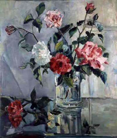 Roses on a Ledge in a Glass Vase by Countess Nora  (fl.1927 33) Wydenbruck