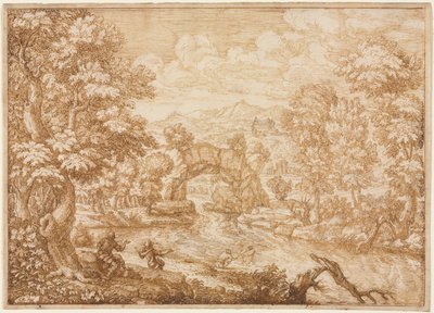 River Landscape with Arched Rock, second half 1600s by Crescenzio di Onofrio