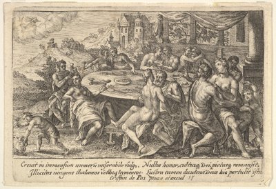 Mankind Surrendering to Lechery Before the Flood: Embracing Couples on Benches Around a Table by Crispijn de Passe I