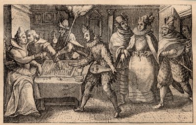 A backgammon party with strolling players - Dutch copper-plate engraving; from a set of prints, Hortus Voluptatem, by Crispin de Passe by Crispin I de Passe