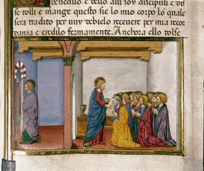 Jesus gives bread to the apostle, symbol of his body, while Judas comes out. Miniature from Cristoforo De Predis after the History of the New Testament by Cristoforo De Predis