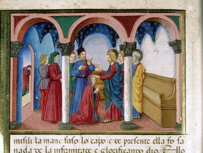 Jesus straightens a woman with twisted limbs in a synagogue (Detail) by Cristoforo De Predis