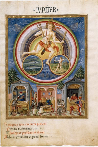 Jupiter with zodiac signs of fish and Sagittarius. Merchants selling various items by Cristoforo De Predis