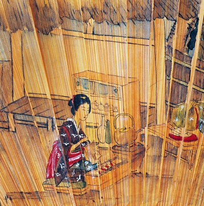 Double-sided fan with lacquered wood slats and guard depicting tea preparation by Culture Edo