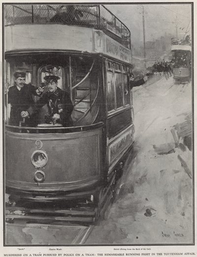 Murderers on a tram pursued by police on a tram by Cyrus Cuneo