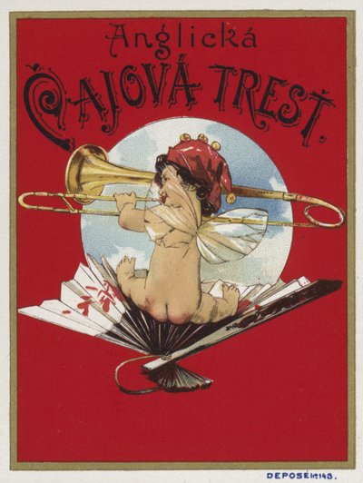 Product label depicting a cherub playing a trombone by Czech School