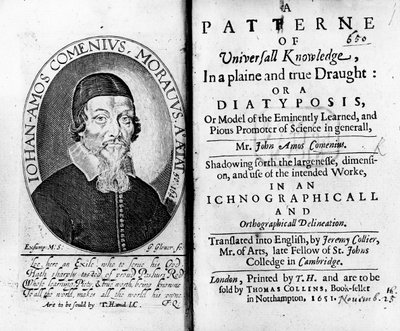 Titlepage and Frontispiece to A Patterne of Universall Knowledge, including a portrait of Jan Amos Komensky, engraved by George Glover, 1651 by Czech School