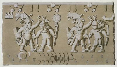 Bas Relief of Ancient Aztec Warriors, from The Stone of Tizoc Commemorating a Ruler Holding his Captives by the Head by D.K. Bonatti