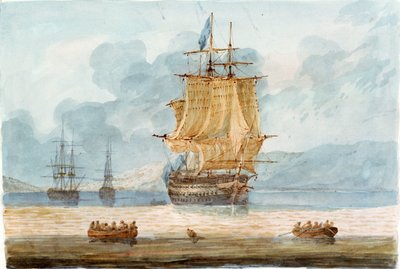 British man of war and other vessels in an anchorage, with ship