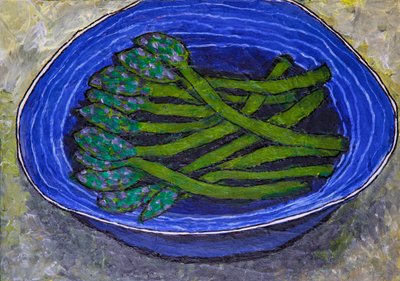 Green Asparagus In Blue Bowl by Dale Hefer & Family