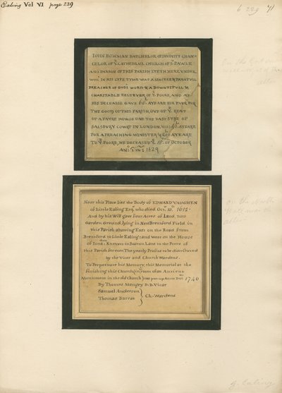 Memorial to John Bowman and to Edward Vaughen from Ealing Church by Daniel Lysons