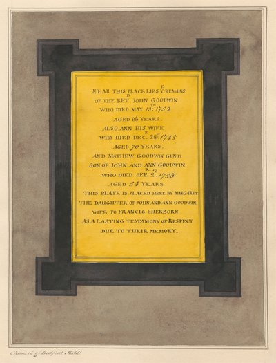 Memorial to John and Ann Goodwin and Mathew their son from Bedfont Church by Daniel Lysons