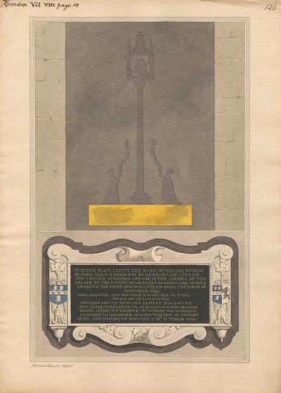 Remains of Brass Plate and Memorial to William Nicol and Ann his Wife and Elizabeth his Daughter and William his Son of Hendon Church by Daniel Lysons