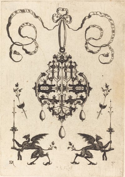 Large Pendant, Lower Left and Right Two Griffins Carrying Fantasy Candlesticks by Daniel Mignot