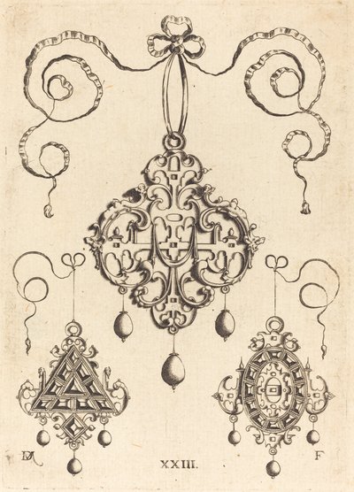 Three Strapwork Pendants, The Lower Ones Triangular and Oval by Daniel Mignot