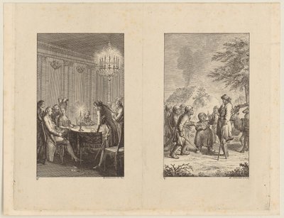 Candide with an Actress [left]; Candide in Norway [right] by Daniel Nikolaus Chodowiecki