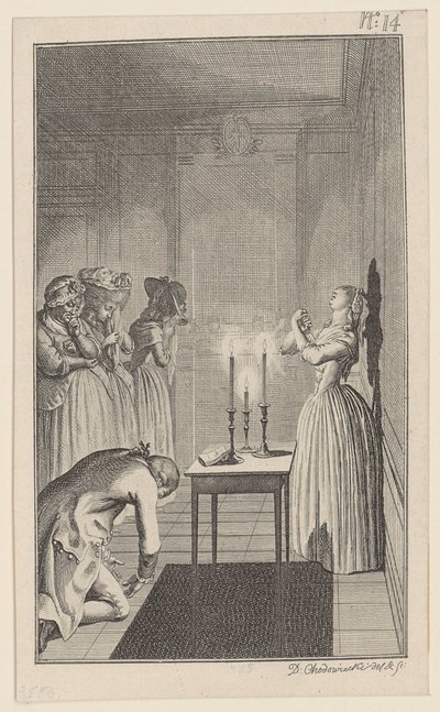Clarisse Threatens to Stab Herself with a Knife to Protect Her Honor from Lovelace by Daniel Nikolaus Chodowiecki
