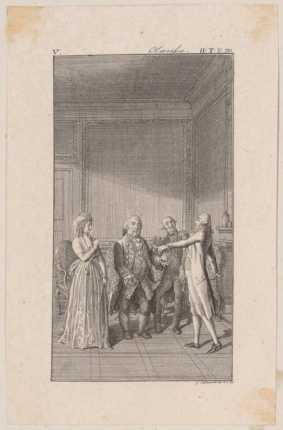 Clarisse, her Uncle Anton, her Brother Jacob and Solmes in a Conversation by Daniel Nikolaus Chodowiecki