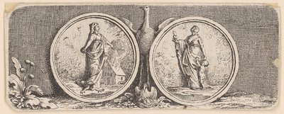 Depiction with Two Medallions, Woman with Foot on a Child and a Burning House, Woman with a Child and a Burning Heart by Daniel Nikolaus Chodowiecki