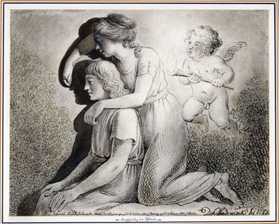 The Invention of Drawing: A Girl Draws, Encouraged by Cupid, the Silhouette of a Young Man Sitting to Her Left on the Wall by Daniel Nikolaus Chodowiecki