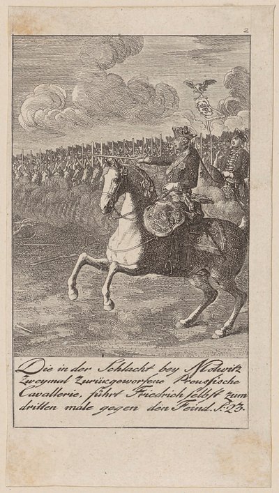 Prussian cavalry, twice repulsed in the Battle of Mollwitz, led by Frederick himself for the third time against the enemy by Daniel Nikolaus Chodowiecki