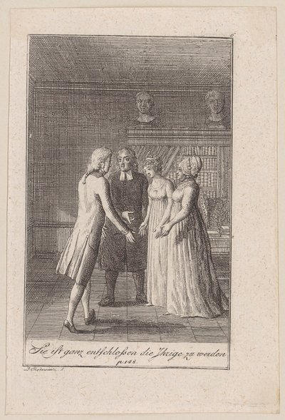 Pastor Sembach Gives Hellberg the Hand of His Daughter Minchen, Plate 6 of the Series "The Call to the City" by Daniel Nikolaus Chodowiecki