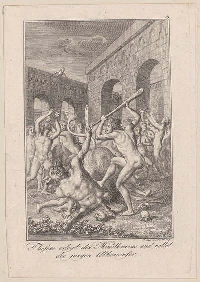 Theseus slays the Minotaur and saves the young Athenians, plate 3 for Becker