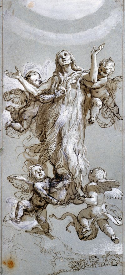 The Assumption of Saint Mary Magdalene Guided by Angels (Drawing by Daniele Crespi, 17th Century) by Daniele Crespi