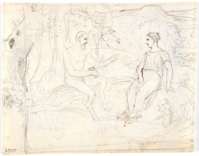 A Satyr with a Flute and a Young Girl, Sitting in a Forest by Dankvart Dreyer