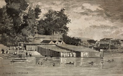 Bathing Establishment, Public Baths of Tiber in Rome, Italy, Engraving from Drawing by Dante Paolocci, from L