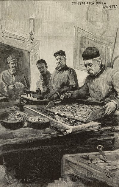 Counting coins in mint of Rome, Italy (engraving) by Dante Paolocci