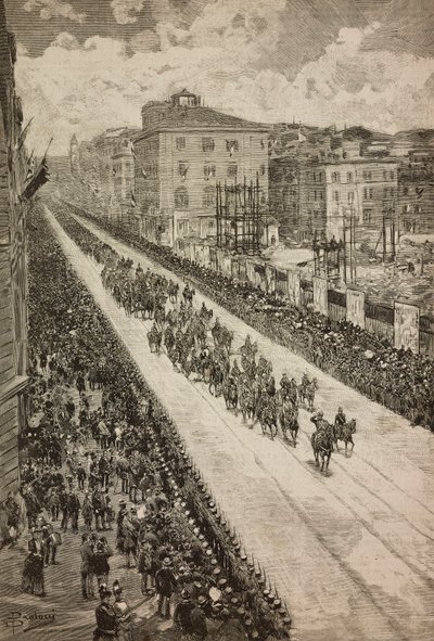 King returning to Quirinal after inauguration of Dogali monument, Rome, Italy, engraving from drawing by Dante Paolocci by Dante Paolocci