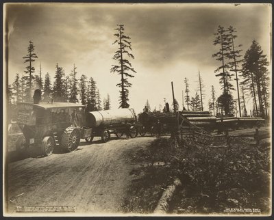 Threshing Machine Engine Hauling Five Wagon Loads of Logs by Darius Kinsey