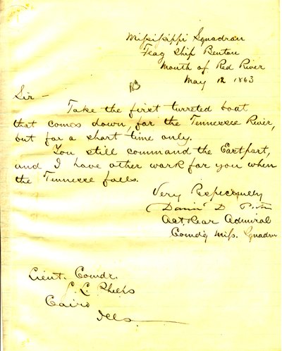 Letter from David D. Porter, U.S.S. Benton, mouth of Red River, to Seth Ledyard Phelps, Cairo, Illinois, May 12, 1863 by David D. Porter