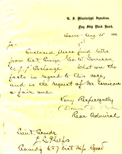Letter from David D. Porter, U.S.S. Black Hawk, Cairo, Illinois, to Seth Ledyard Phelps, August 25, 1863 by David D. Porter