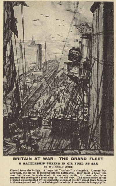A Battleship Taking in Oil Fuel at Sea, World War I by David Muirhead Bone