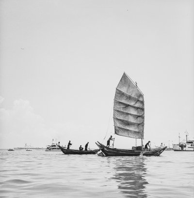 A Sampan Under Sail and One Being Skulled in Penang Harbour by David Watkin Waters