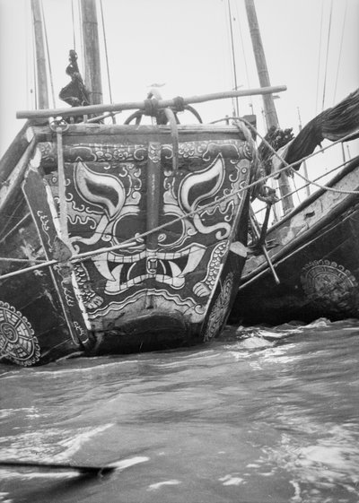 The Highly Decorative Bow of a Hangchow Bay Trader Type Junk Moored with Other Junks at Shanghai by David Watkin Waters