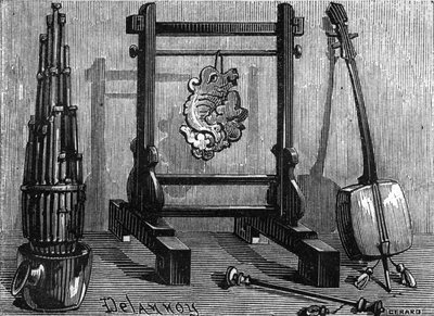 Chinese musical instruments: organ, sound stone and violin. by Delannoy Delannoy