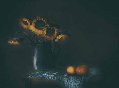 Moody Sunflowers and Apples by Delphine Devos