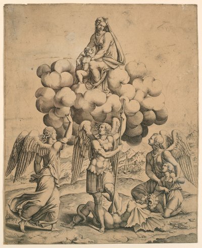 The Archangels Michael, Gabriel, and Raphael Adoring the Madonna and Child by Diana Mantuana