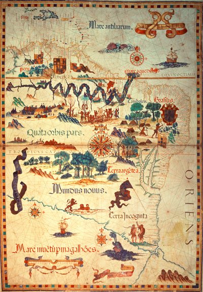 Atlas by Diego Homem of South America, showing Indians in their settlements, Spanish Expeditionary Force Camp and Men in Armour by Diego Homem