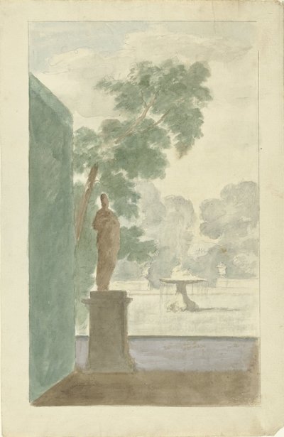 Design for a Wall Decoration in a Hall: View of a Garden with a Statue, Fountain and Urns by Dionys van Nijmegen (possibly)