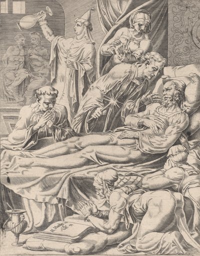 The Rich Man on His Deathbed, from The Parable of Lazarus and the Rich Man, plate 2, 1551 by Dirck Volkertsen Coornhert