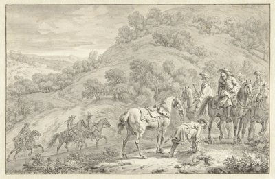 Mountain Landscape with a Dismounted Rider and Other Hunters on Horseback by Dirk Maas
