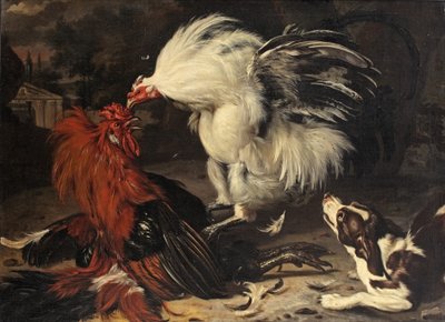 Two Roosters Fighting and a Dog Watching, a Park Landscape Beyond by Dirk Valkenburg