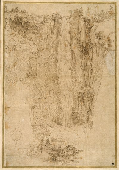 Landscape with a cascade; at the foot, two men, one mounted by Domenichino