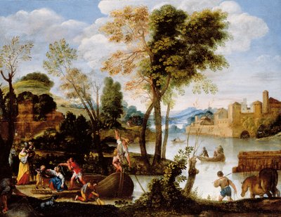 Italianate river landscape with poling boatman and woman with a basket of crabs by Domenichino