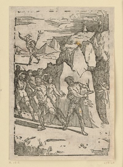 Allegory of Metal Extraction. The metals have left the interior of the mountain and flee as Vulcan (Hephaestus) urges them to follow him to the forge. From the series 